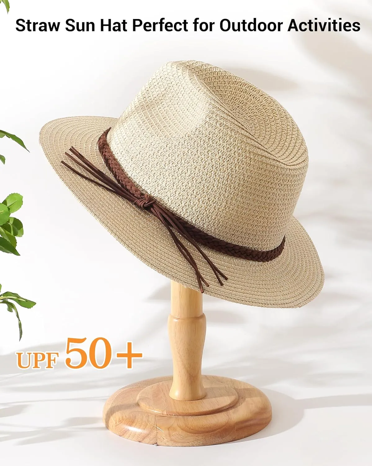 DOFOWORK Beach Hats for Women - Sun Straw Fedora Hats for Women, Packable Sun Hat Womens with Chin Strap, UPF 50 