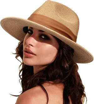 DRESHOW Women Straw Panama Hat Travel Fedora Beach Sun Hat Summer Wide Brim Straw Roll up Hat UPF 50 