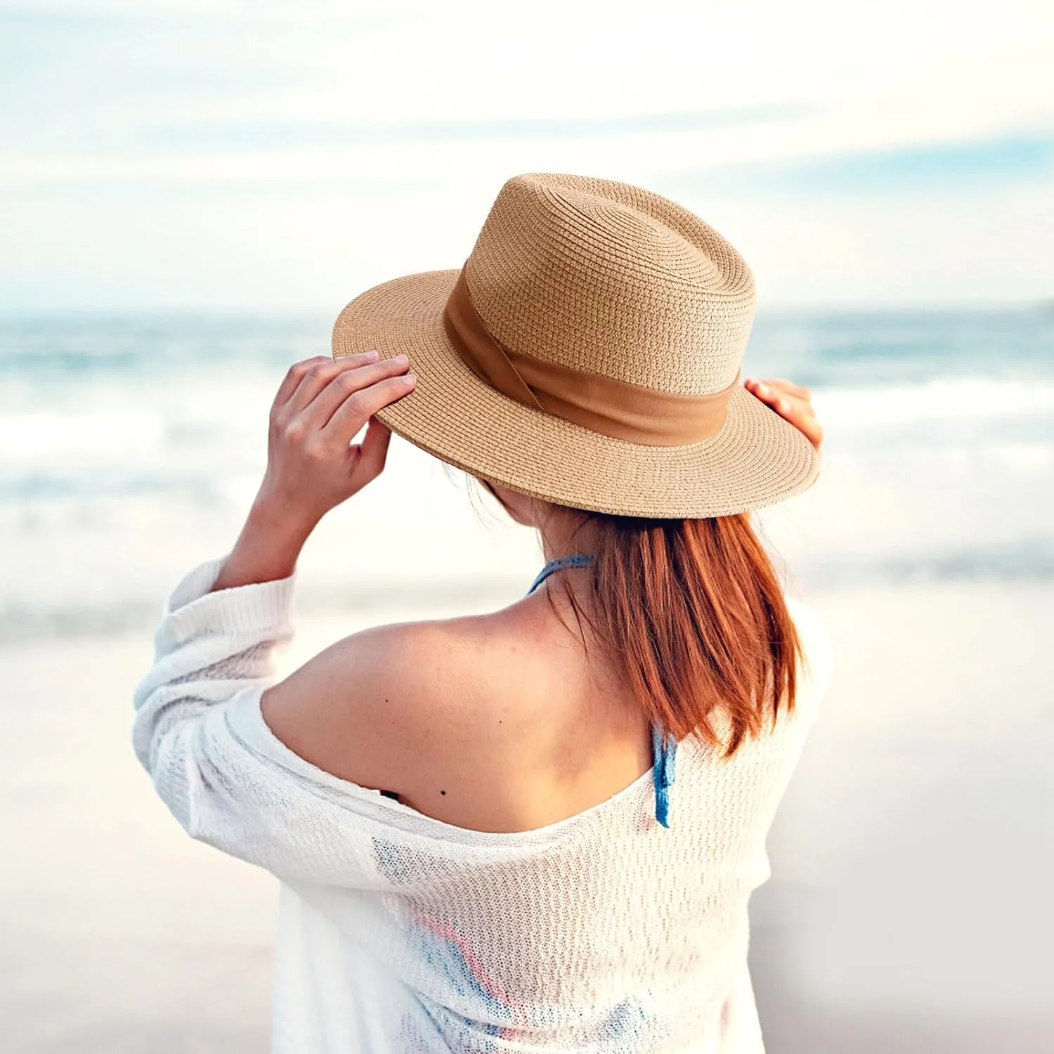 DRESHOW Women Straw Panama Hat Travel Fedora Beach Sun Hat Summer Wide Brim Straw Roll up Hat UPF 50 
