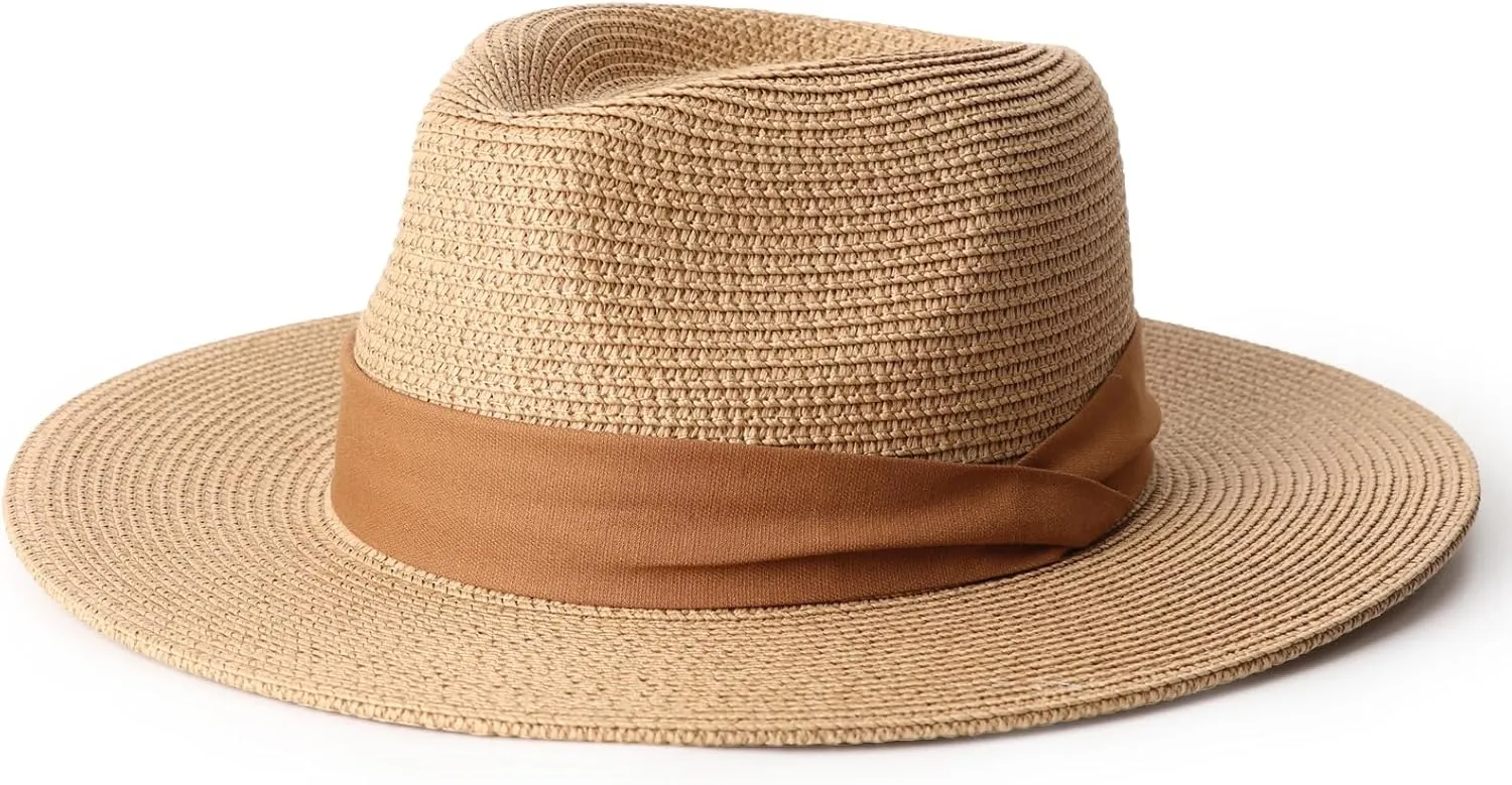 DRESHOW Women Straw Panama Hat Travel Fedora Beach Sun Hat Summer Wide Brim Straw Roll up Hat UPF 50 