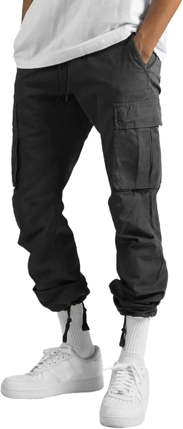 Elastic Waist Cargo Pants for Men Relaxed Fit Tactical Hiking Pants Casual Work Trousers Drawstring Travel Pants
