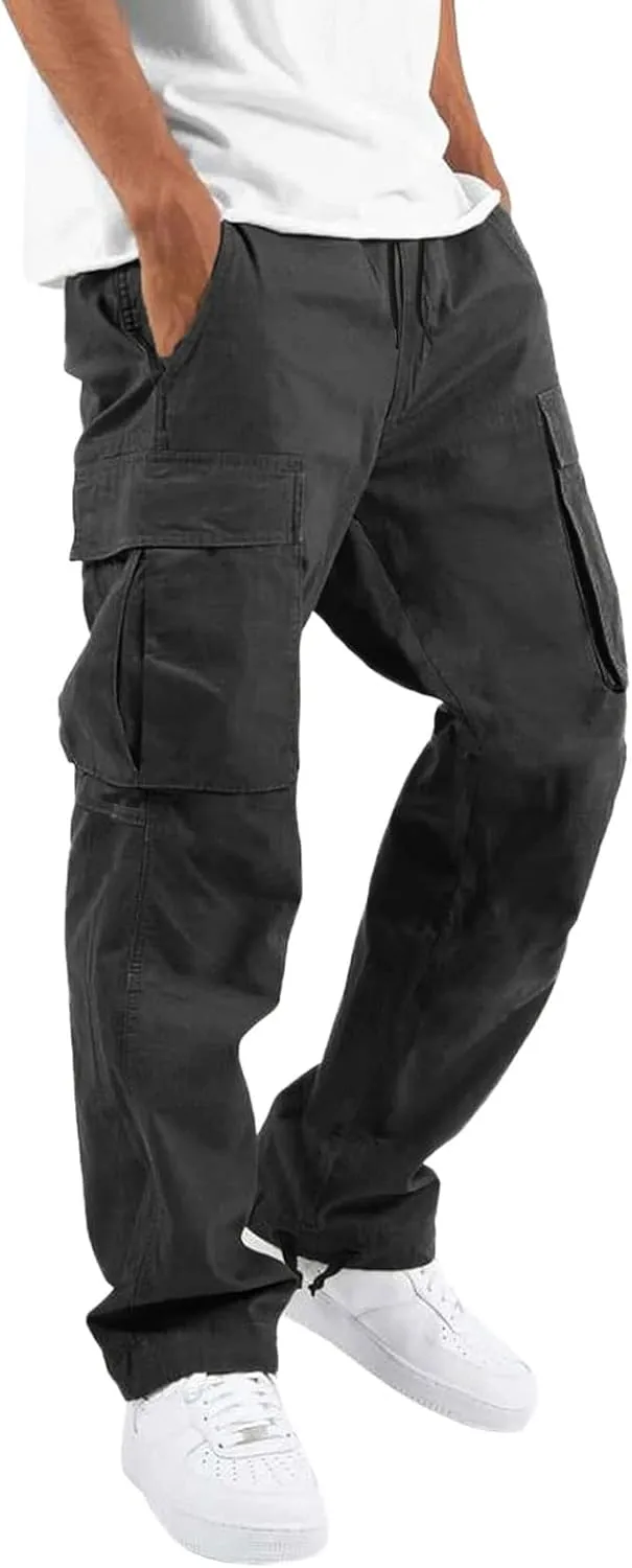 Elastic Waist Cargo Pants for Men Relaxed Fit Tactical Hiking Pants Casual Work Trousers Drawstring Travel Pants