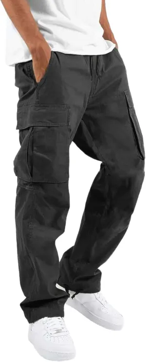 Elastic Waist Cargo Pants for Men Relaxed Fit Tactical Hiking Pants Casual Work Trousers Drawstring Travel Pants