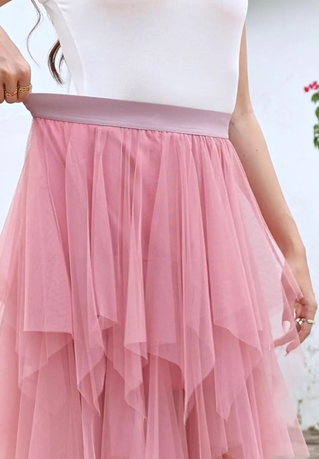 Ellames Women's Tulle Skirts High Low Layered Puffy Fairy Skirts Midi Length Irregular Tutu Skirt
