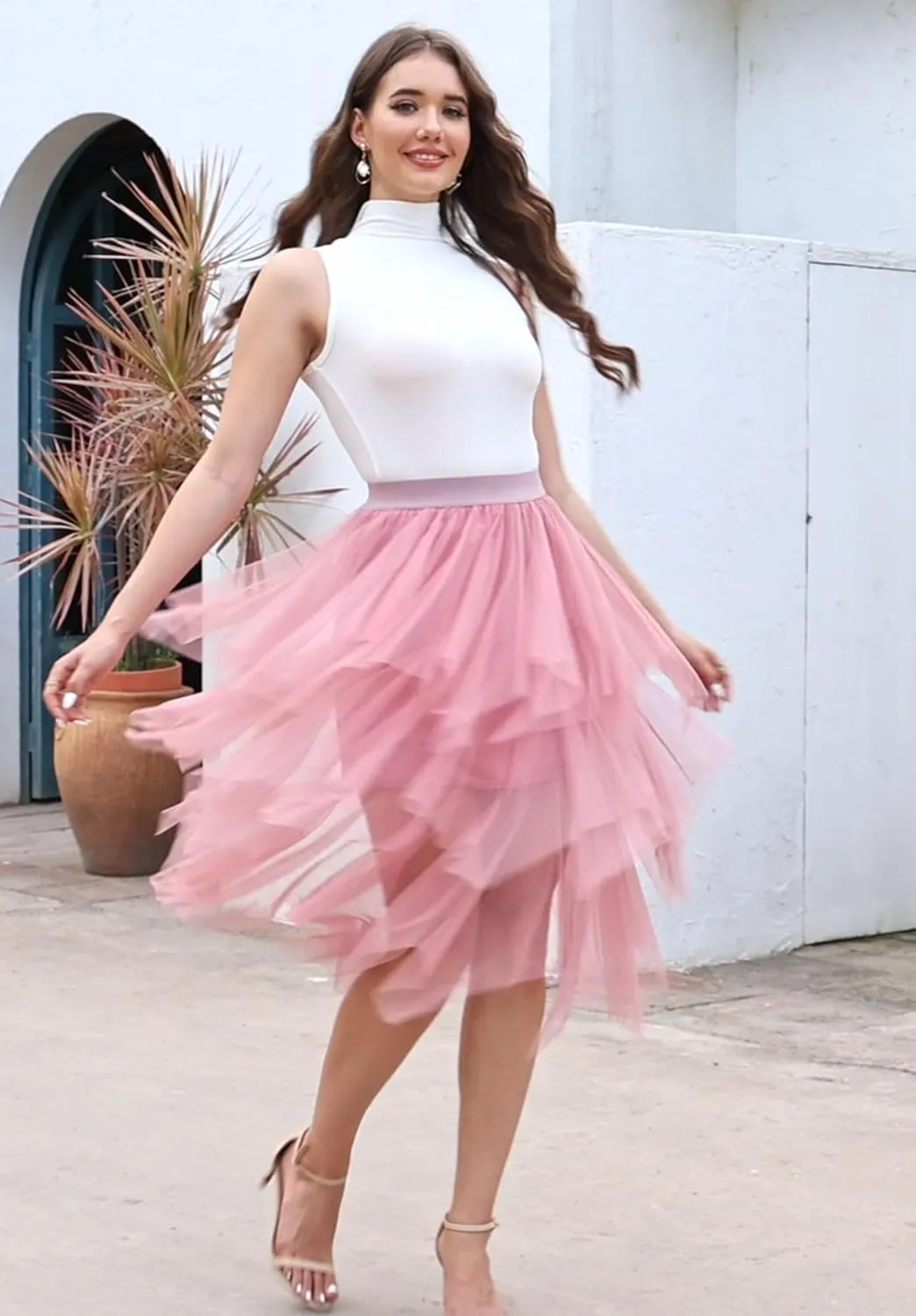 Ellames Women's Tulle Skirts High Low Layered Puffy Fairy Skirts Midi Length Irregular Tutu Skirt