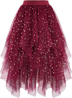 Ellames Women's Tulle Skirts High Low Layered Puffy Fairy Skirts Midi Length Irregular Tutu Skirt