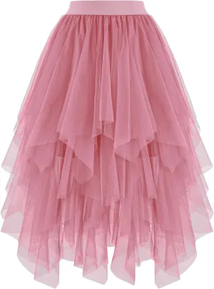 Ellames Women's Tulle Skirts High Low Layered Puffy Fairy Skirts Midi Length Irregular Tutu Skirt
