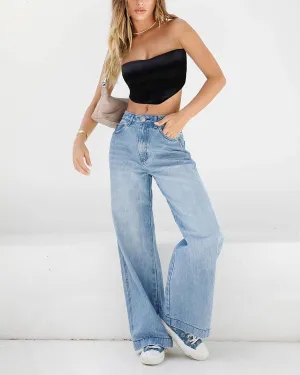 EMMIOL Women's Wide Leg Jeans Distress Adjustable Waist Denim Pants Vintage Y2K Trousers