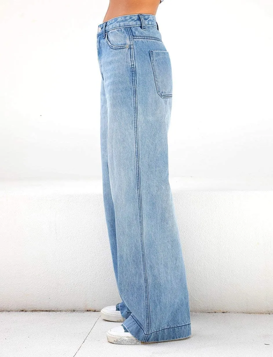 EMMIOL Women's Wide Leg Jeans Distress Adjustable Waist Denim Pants Vintage Y2K Trousers