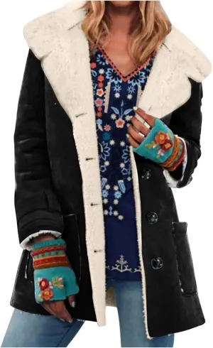 Faux Suede Winter Jacket Women Fleece Lined Sherpa Coat Lapel Collar Jacket Ladies Warm Peacoat Outerwear with Pockets