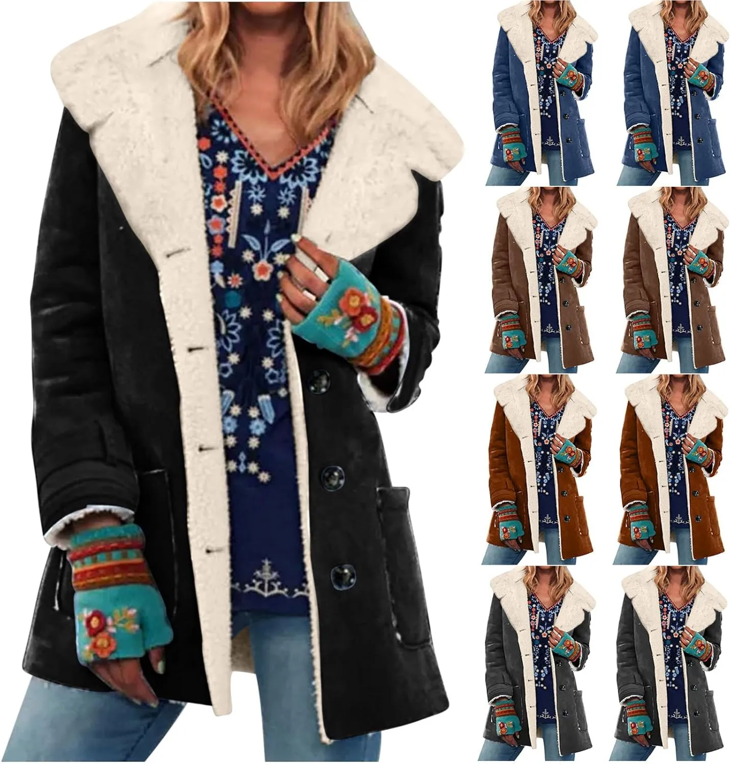 Faux Suede Winter Jacket Women Fleece Lined Sherpa Coat Lapel Collar Jacket Ladies Warm Peacoat Outerwear with Pockets
