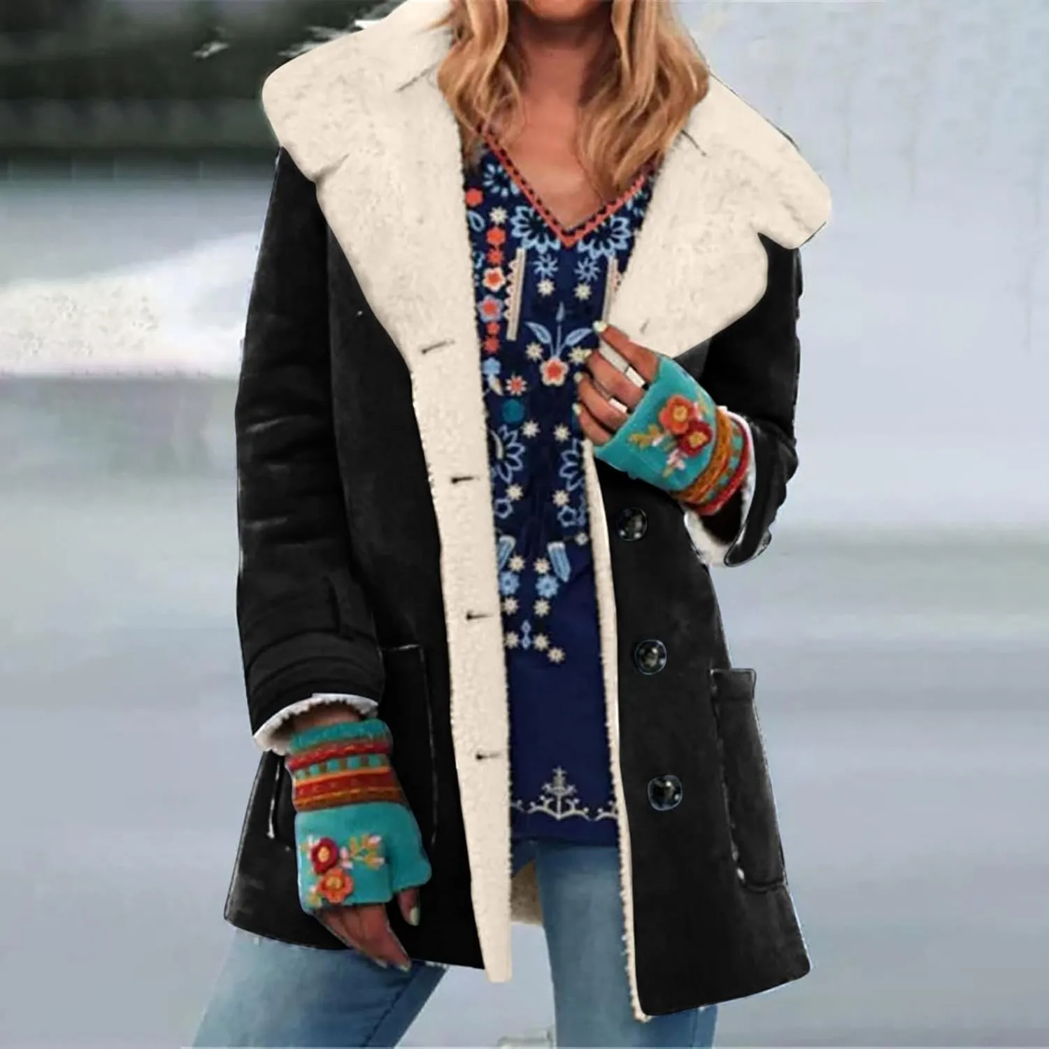 Faux Suede Winter Jacket Women Fleece Lined Sherpa Coat Lapel Collar Jacket Ladies Warm Peacoat Outerwear with Pockets