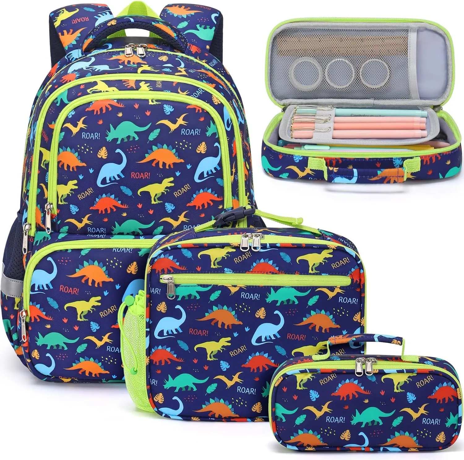 Fimibuke Backpack for Boys, 3PCS Waterproof Kids Backpack for School Toddler School Bag Cute Bookbag Set with Lunch Box & Pencil Case for Preschool Kindergarten Elementary Student Ages 3-12, Dinosaur