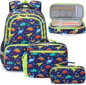 Fimibuke Backpack for Boys, 3PCS Waterproof Kids Backpack for School Toddler School Bag Cute Bookbag Set with Lunch Box & Pencil Case for Preschool Kindergarten Elementary Student Ages 3-12, Dinosaur