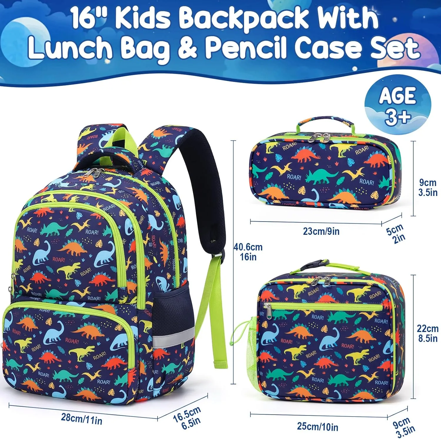 Fimibuke Backpack for Boys, 3PCS Waterproof Kids Backpack for School Toddler School Bag Cute Bookbag Set with Lunch Box & Pencil Case for Preschool Kindergarten Elementary Student Ages 3-12, Dinosaur