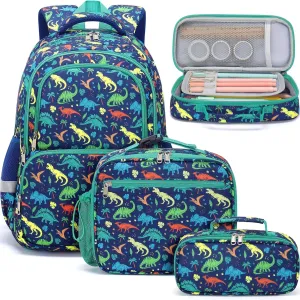 Fimibuke Kid Backpack for School Boy, 3PCS Waterproof Toddler School Bag Cute Bookbag Set with Lunch Box & Pencil Case for Preschool Kindergarten Elementary Back to School Student Ages 3-12, Dinosaur