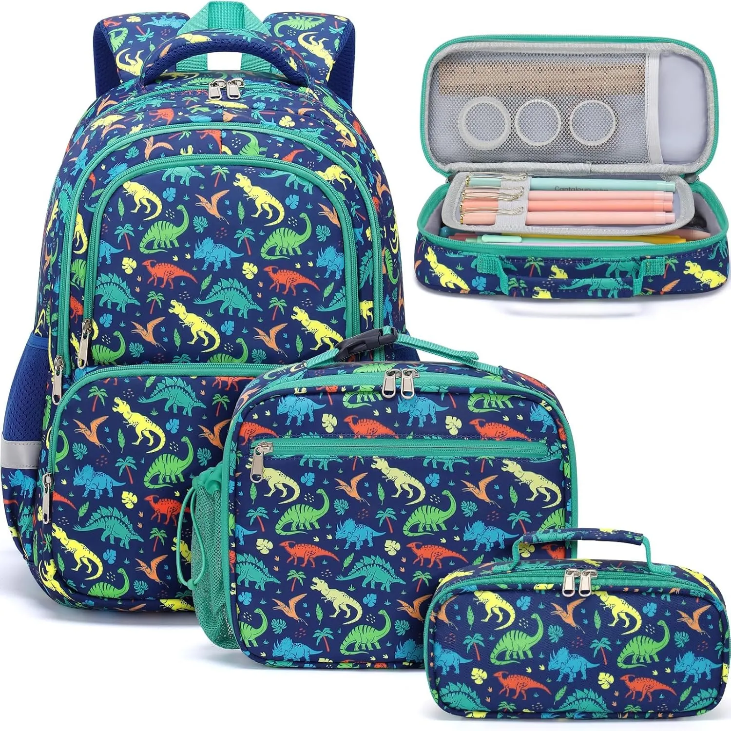 Fimibuke Kid Backpack for School Boy, 3PCS Waterproof Toddler School Bag Cute Bookbag Set with Lunch Box & Pencil Case for Preschool Kindergarten Elementary Back to School Student Ages 3-12, Dinosaur