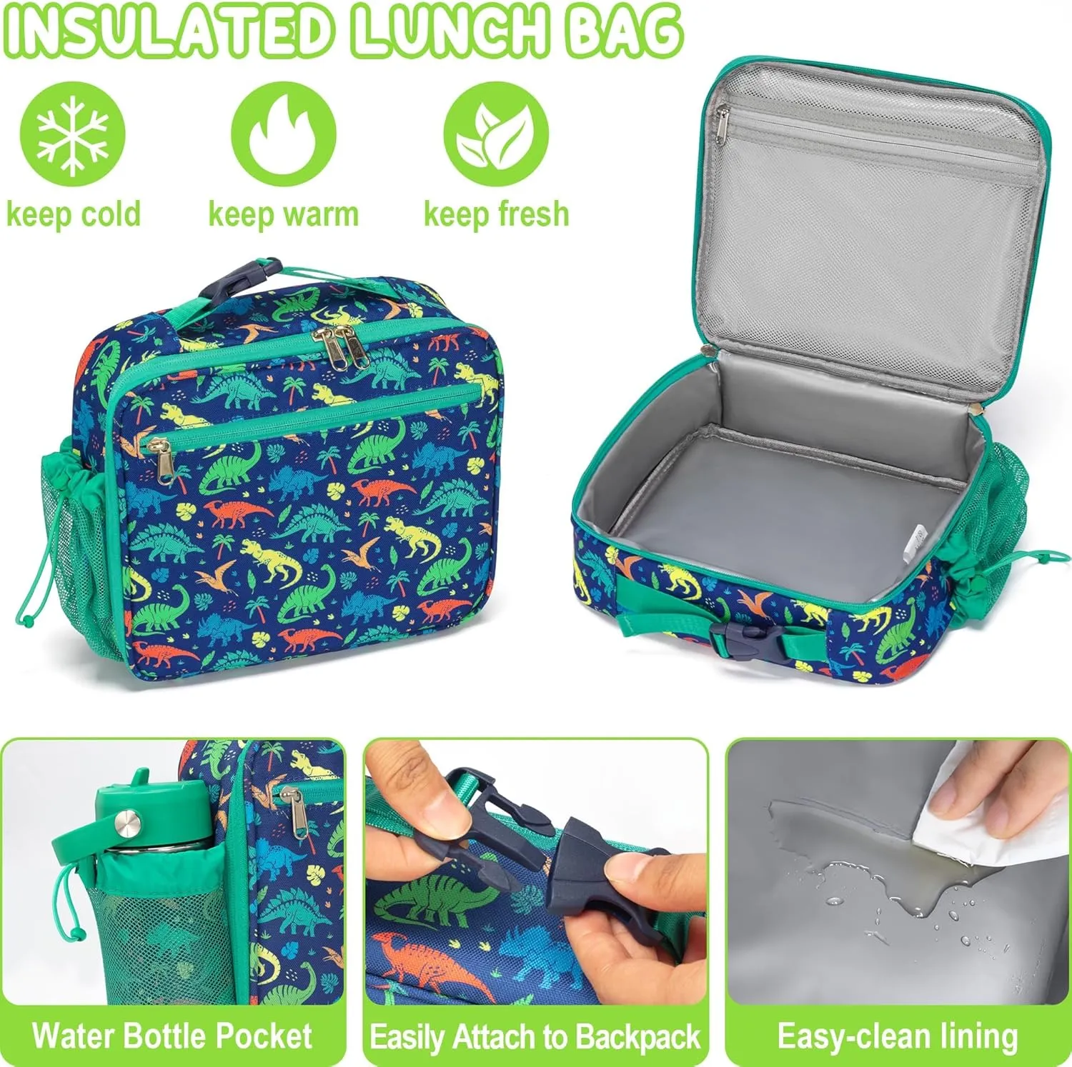 Fimibuke Kid Backpack for School Boy, 3PCS Waterproof Toddler School Bag Cute Bookbag Set with Lunch Box & Pencil Case for Preschool Kindergarten Elementary Back to School Student Ages 3-12, Dinosaur