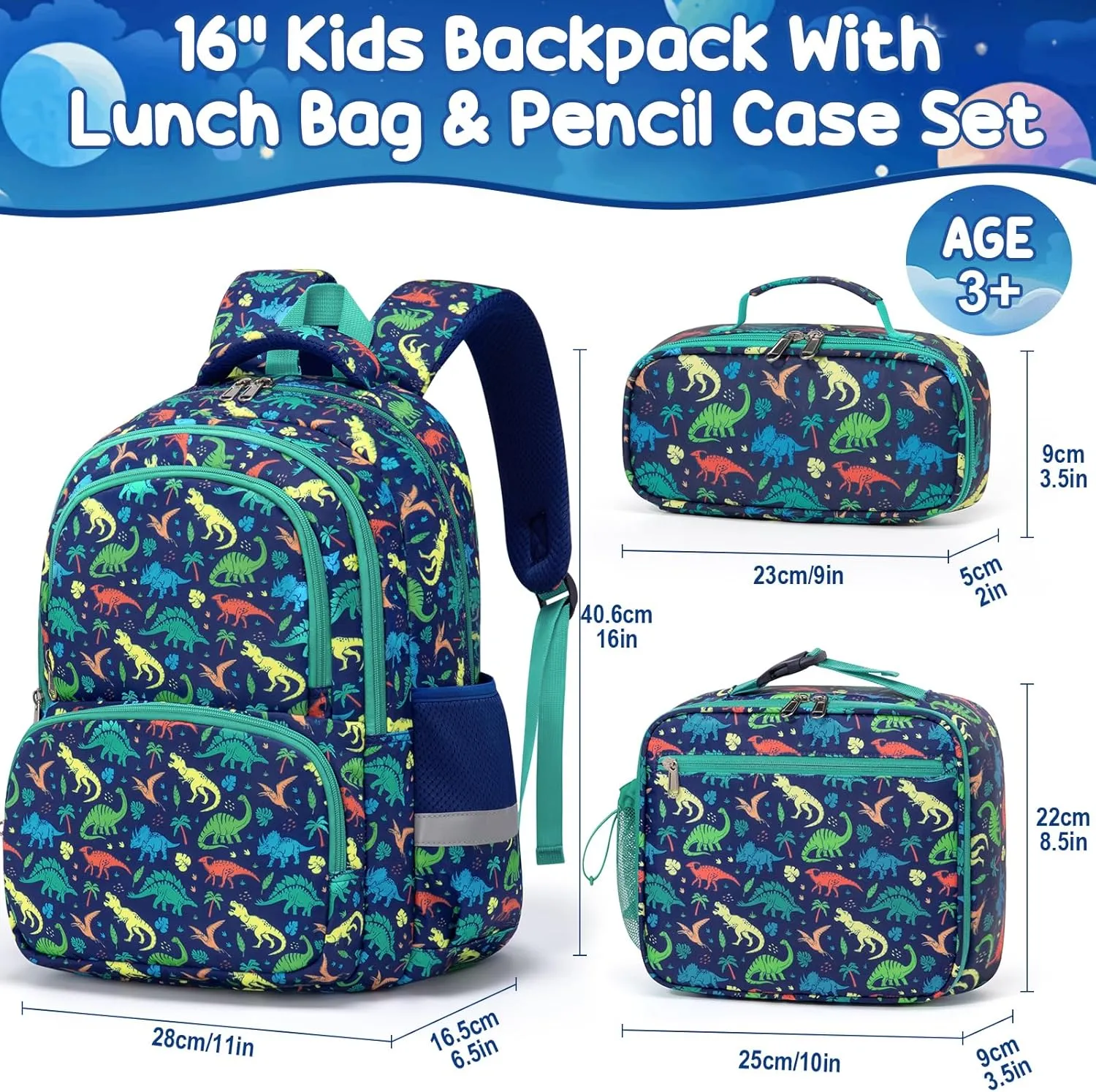 Fimibuke Kid Backpack for School Boy, 3PCS Waterproof Toddler School Bag Cute Bookbag Set with Lunch Box & Pencil Case for Preschool Kindergarten Elementary Back to School Student Ages 3-12, Dinosaur