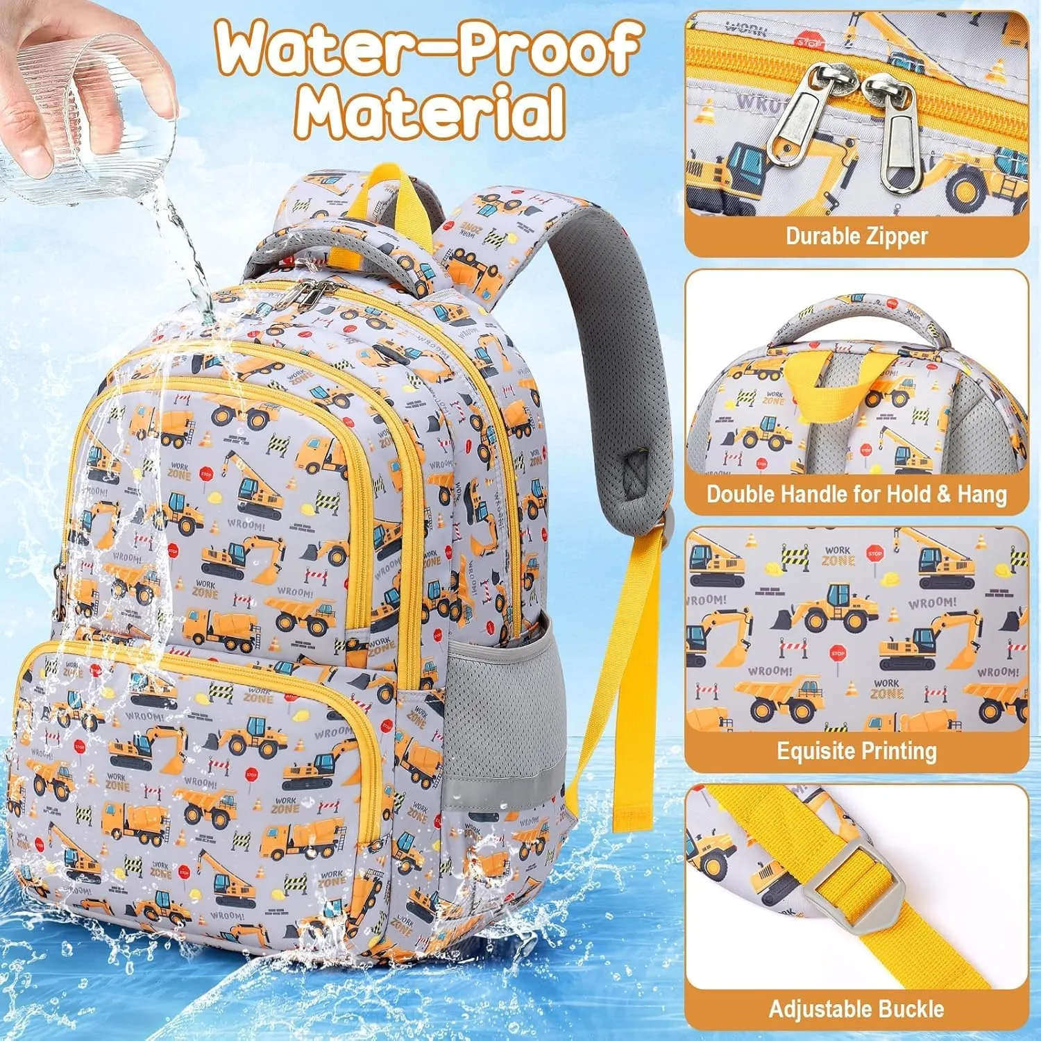Fimibuke Kids Backpack for School Boys, 3PCS Waterproof Toddler School Bag Cute Bookbag Set with Lunch Box & Pencil Case for Preschool Kindergarten Elementary Back to School Student Ages 3-12, Trucks