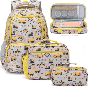 Fimibuke Kids Backpack for School Boys, 3PCS Waterproof Toddler School Bag Cute Bookbag Set with Lunch Box & Pencil Case for Preschool Kindergarten Elementary Back to School Student Ages 3-12, Trucks