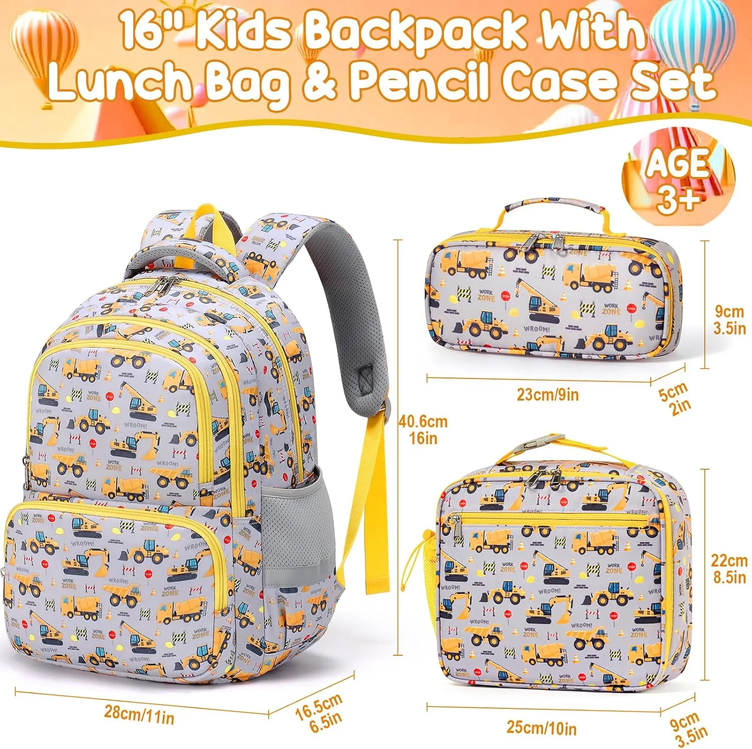 Fimibuke Kids Backpack for School Boys, 3PCS Waterproof Toddler School Bag Cute Bookbag Set with Lunch Box & Pencil Case for Preschool Kindergarten Elementary Back to School Student Ages 3-12, Trucks