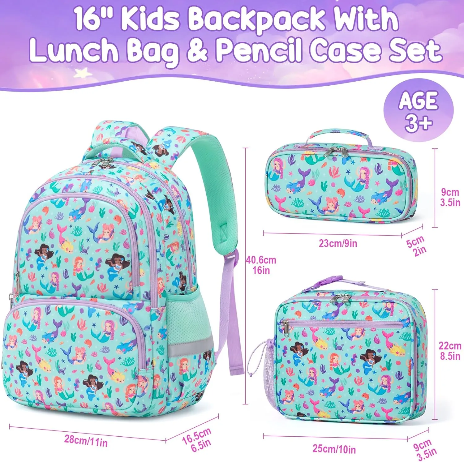 Fimibuke Kids Backpack for School Girls, 3PCS Waterproof Toddler School Bag Cute Bookbag Set with Lunch Box & Pencil Case for Preschool Kindergarten Elementary School Student Ages 3-12, Mermaid