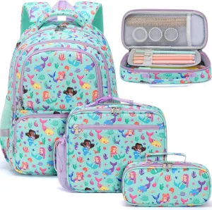Fimibuke Kids Backpack for School Girls, 3PCS Waterproof Toddler School Bag Cute Bookbag Set with Lunch Box & Pencil Case for Preschool Kindergarten Elementary School Student Ages 3-12, Mermaid