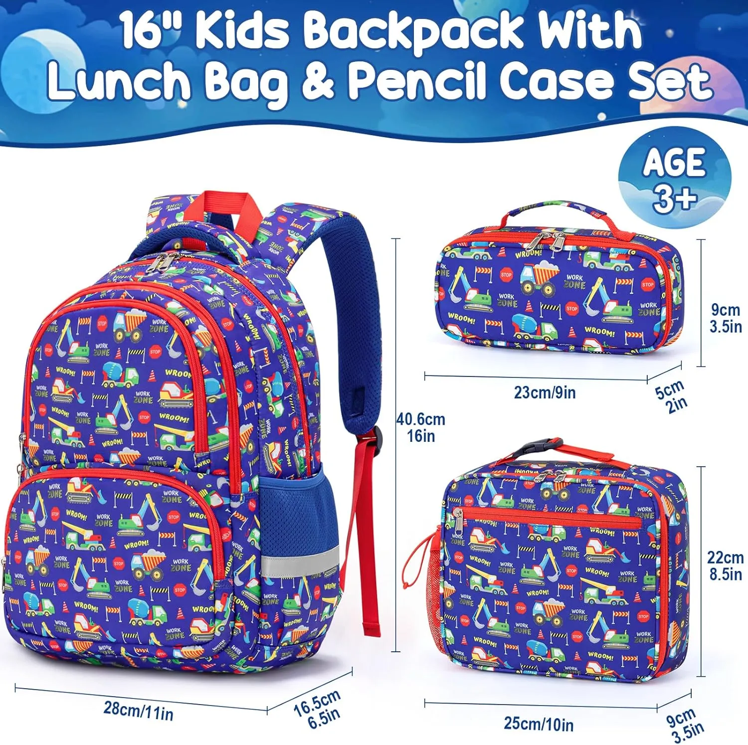 Fimibuke Kids School Backpack for Boys, 3PCS Waterproof Toddler School Bag Cute Bookbag Set with Lunch Bag & Pencil Case for Preschool Kindergarten Elementary Back to School Student Ages 3-12, Trucks