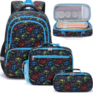Fimibuke School Backpack for Boys, 3PCS Waterproof Kid School Bag Cute Toddler Bookbag Set with Lunch Box & Pencil Case for Preschool Kindergarten Elementary Back to School Student Ages 3-12, Gamepad