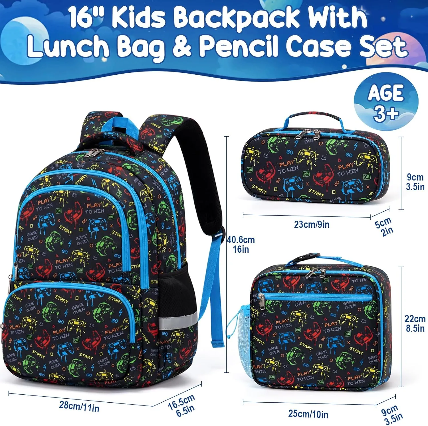 Fimibuke School Backpack for Boys, 3PCS Waterproof Kid School Bag Cute Toddler Bookbag Set with Lunch Box & Pencil Case for Preschool Kindergarten Elementary Back to School Student Ages 3-12, Gamepad