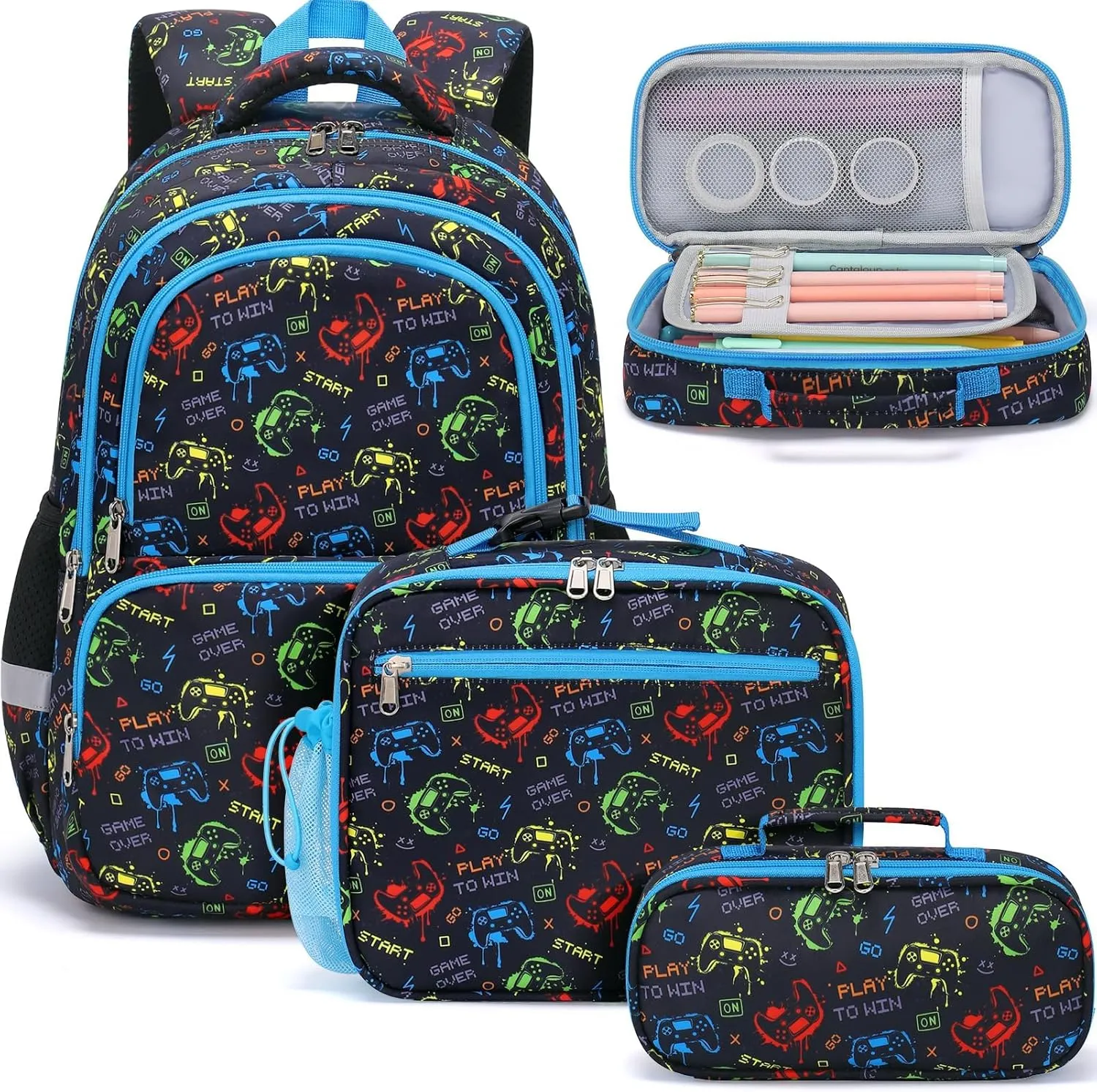 Fimibuke School Backpack for Boys, 3PCS Waterproof Kid School Bag Cute Toddler Bookbag Set with Lunch Box & Pencil Case for Preschool Kindergarten Elementary Back to School Student Ages 3-12, Gamepad