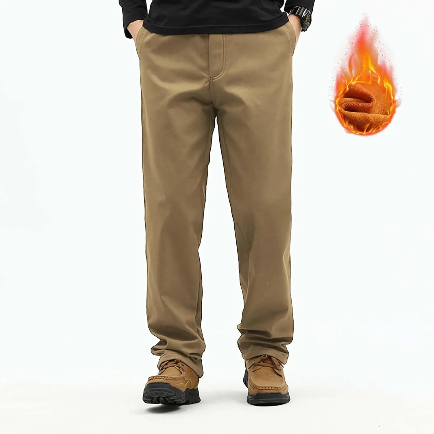 Fleece Lined Cargo Pants Men Warm Straight Leg Work Pants Plus Size Outdoor Thermal Winter Trousers with Multi Pocket