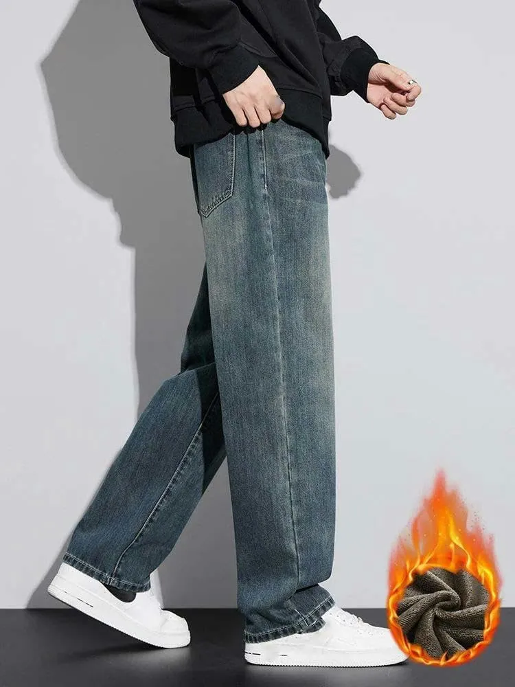 Fleece Loose Straight Men's Winter Classic Wide-Leg Jeans Korean Style Thickened Warm Men's Trousers
