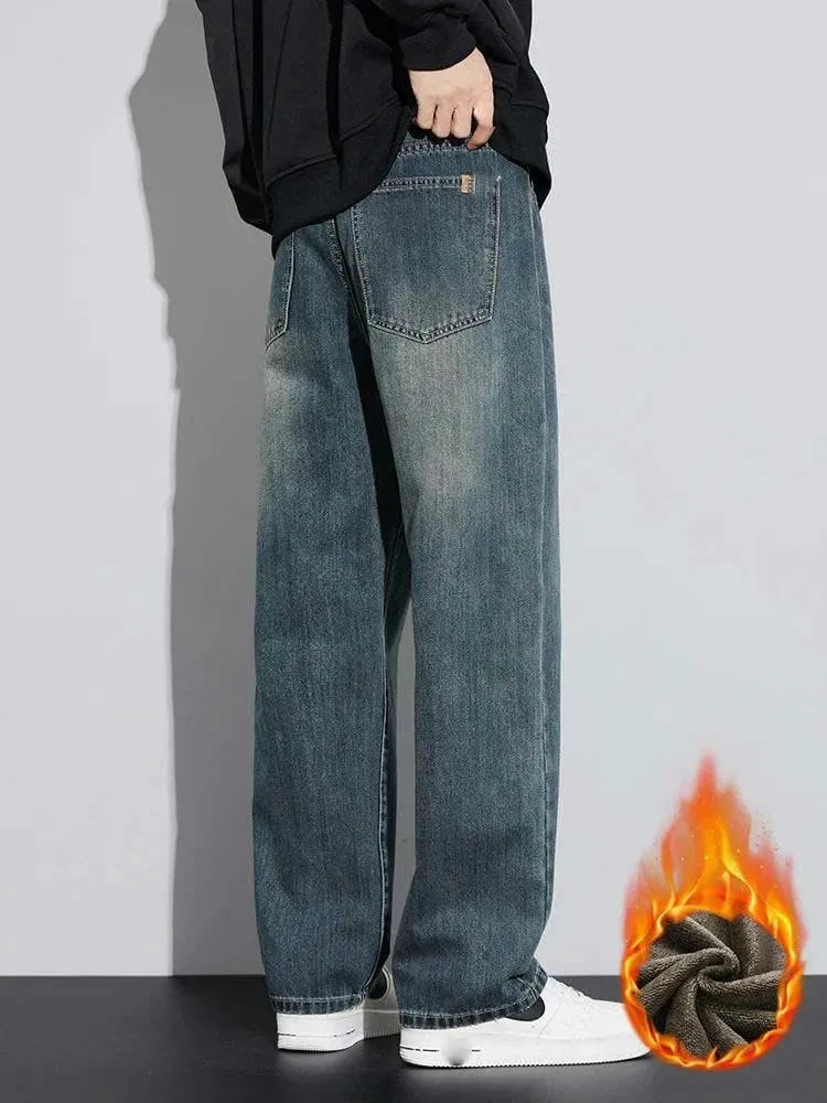 Fleece Loose Straight Men's Winter Classic Wide-Leg Jeans Korean Style Thickened Warm Men's Trousers