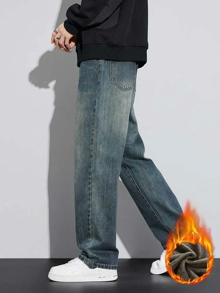 Fleece Loose Straight Men's Winter Classic Wide-Leg Jeans Korean Style Thickened Warm Men's Trousers