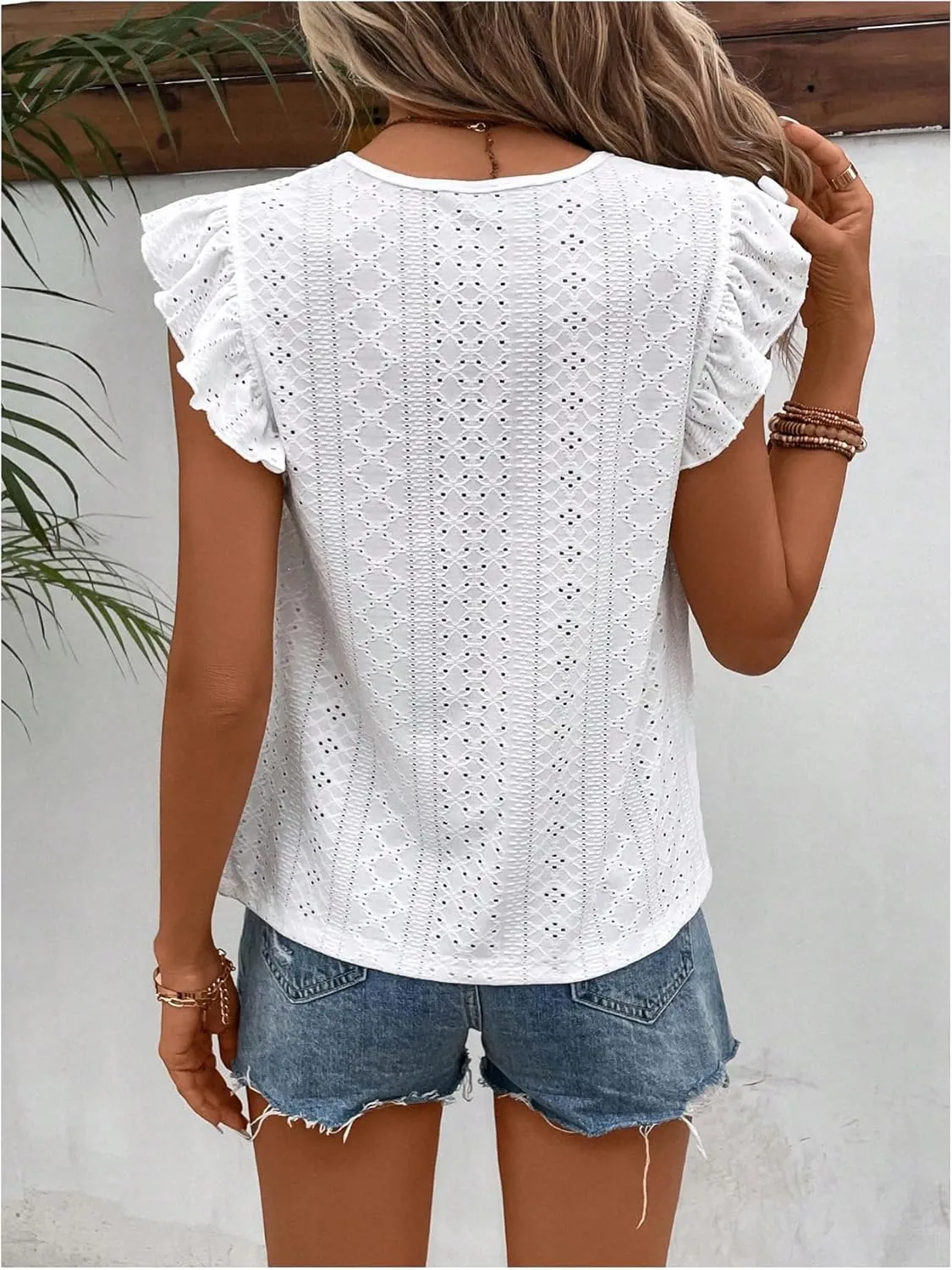 Floerns Women's Eyelet Embroidery Ruffle Cap Sleeve T Shirt Crew Neck Vacation Elegant Tee Top