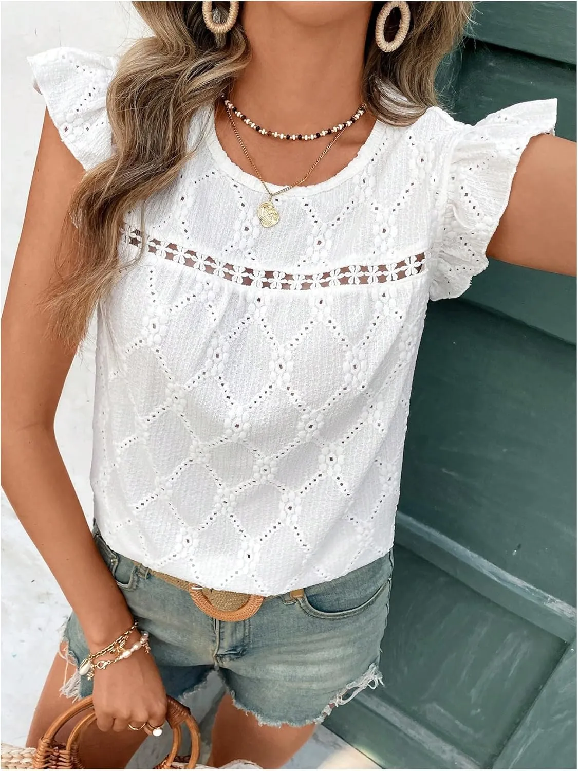 Floerns Women's Eyelet Embroidery Ruffle Cap Sleeve T Shirt Crew Neck Vacation Elegant Tee Top