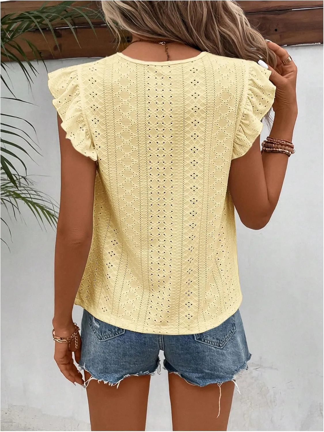 Floerns Women's Eyelet Embroidery Ruffle Cap Sleeve T Shirt Crew Neck Vacation Elegant Tee Top