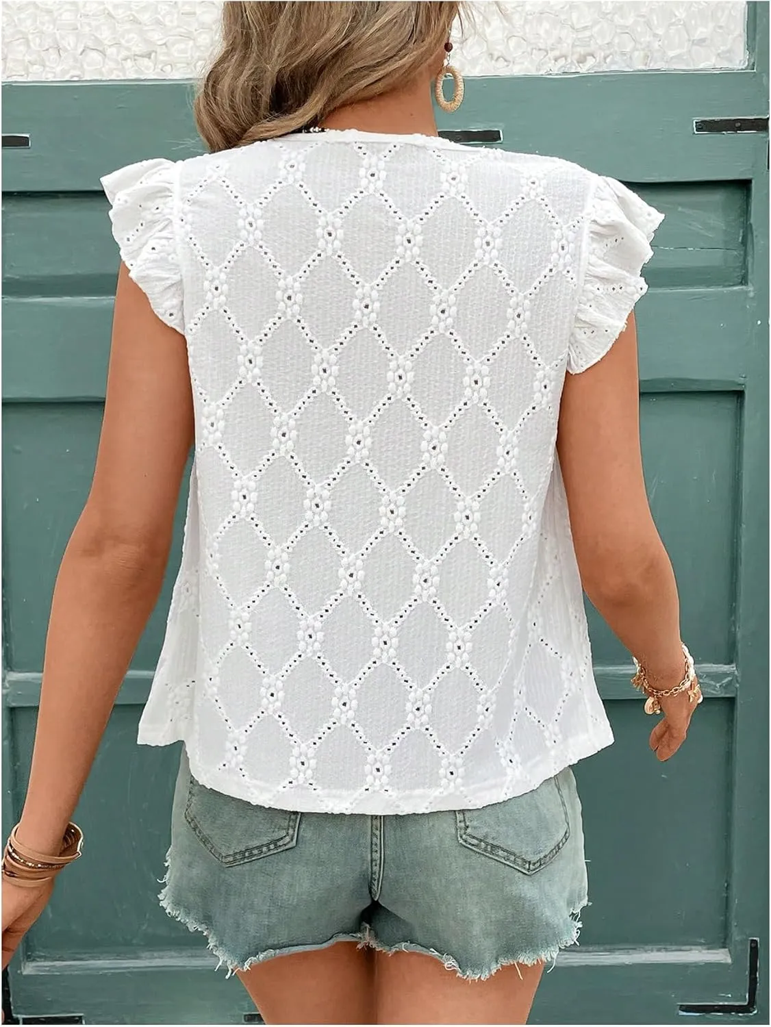 Floerns Women's Eyelet Embroidery Ruffle Cap Sleeve T Shirt Crew Neck Vacation Elegant Tee Top