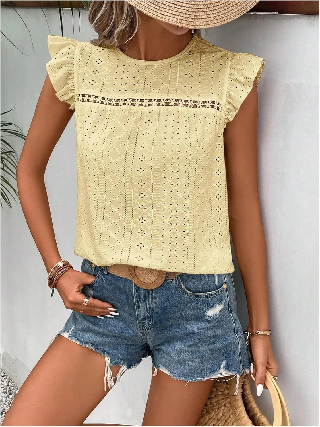 Floerns Women's Eyelet Embroidery Ruffle Cap Sleeve T Shirt Crew Neck Vacation Elegant Tee Top
