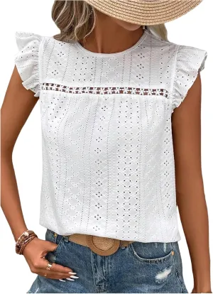 Floerns Women's Eyelet Embroidery Ruffle Cap Sleeve T Shirt Crew Neck Vacation Elegant Tee Top