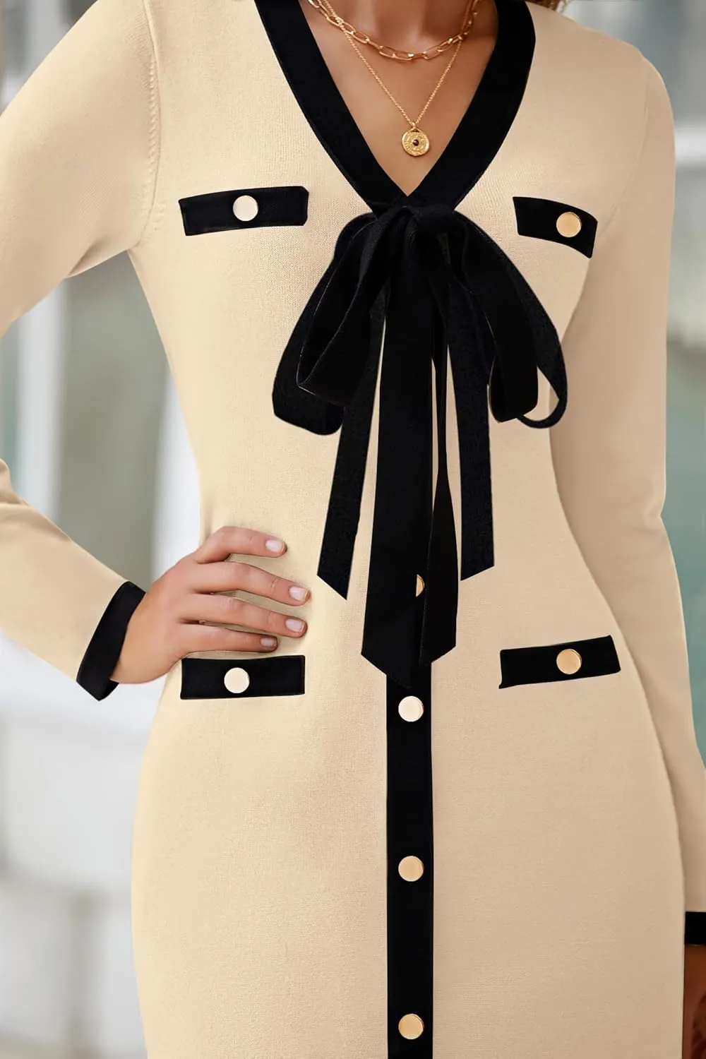 HAEOF Women's 2024 Long Sleeve Mini Sweater Dress Fall Winter Trendy V Neck Elegant Bodycon Formal Party Dresses