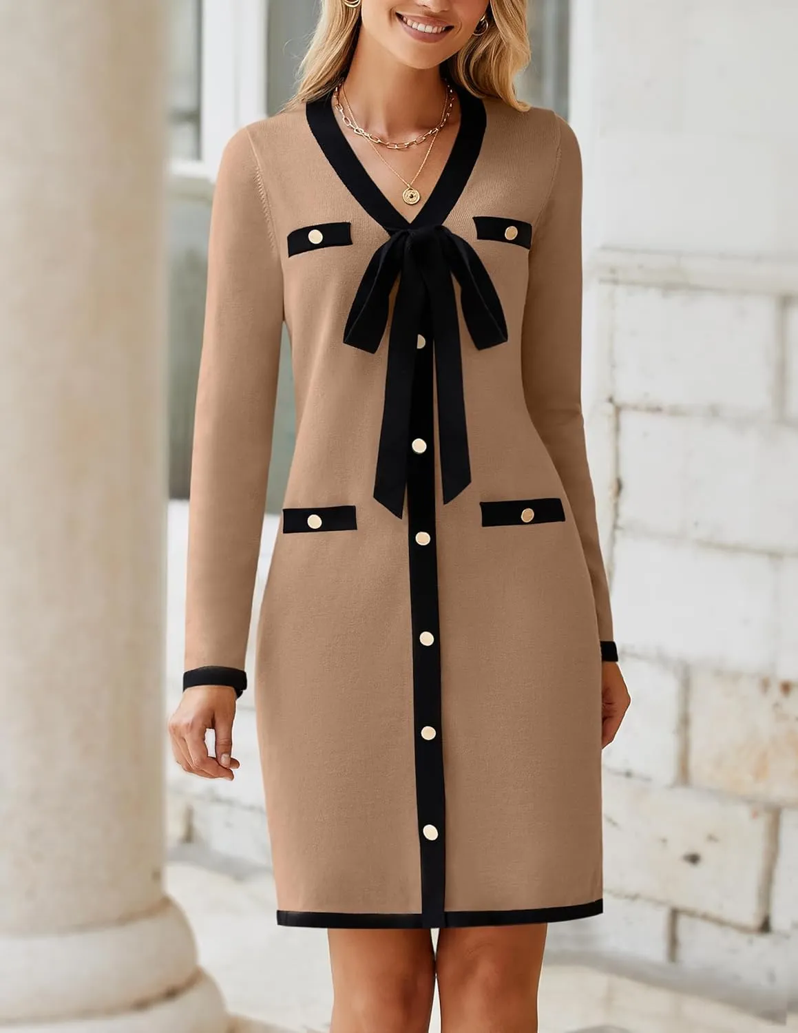 HAEOF Women's 2024 Long Sleeve Mini Sweater Dress Fall Winter Trendy V Neck Elegant Bodycon Formal Party Dresses