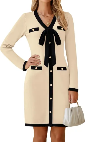 HAEOF Women's 2024 Long Sleeve Mini Sweater Dress Fall Winter Trendy V Neck Elegant Bodycon Formal Party Dresses