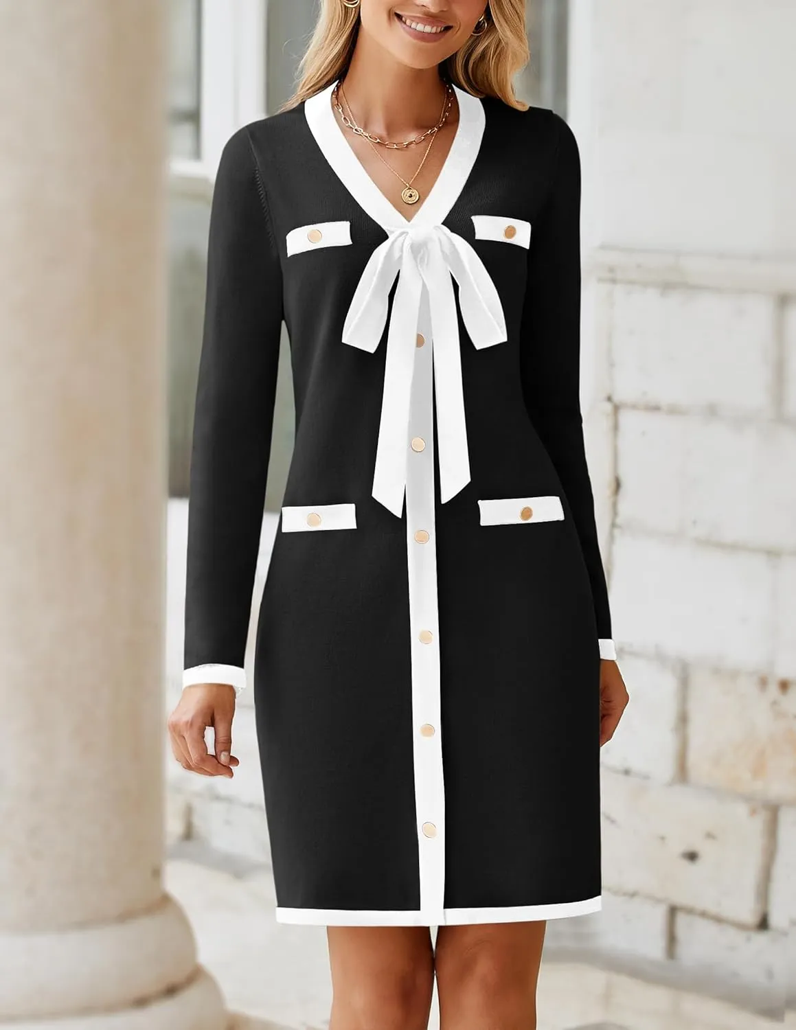 HAEOF Women's 2024 Long Sleeve Mini Sweater Dress Fall Winter Trendy V Neck Elegant Bodycon Formal Party Dresses