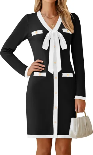 HAEOF Women's 2024 Long Sleeve Mini Sweater Dress Fall Winter Trendy V Neck Elegant Bodycon Formal Party Dresses