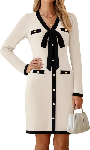 HAEOF Women's 2024 Long Sleeve Mini Sweater Dress Fall Winter Trendy V Neck Elegant Bodycon Formal Party Dresses