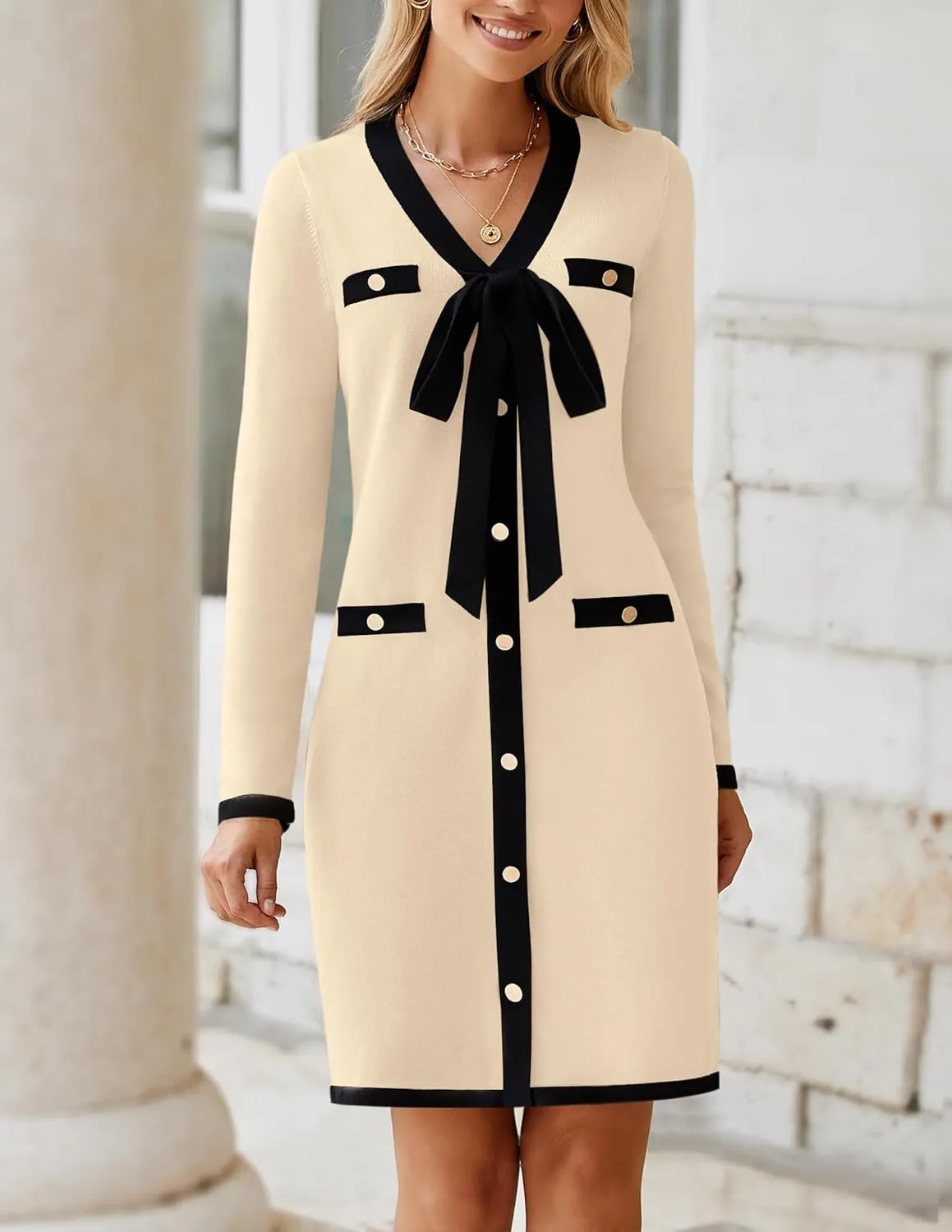 HAEOF Women's 2024 Long Sleeve Mini Sweater Dress Fall Winter Trendy V Neck Elegant Bodycon Formal Party Dresses
