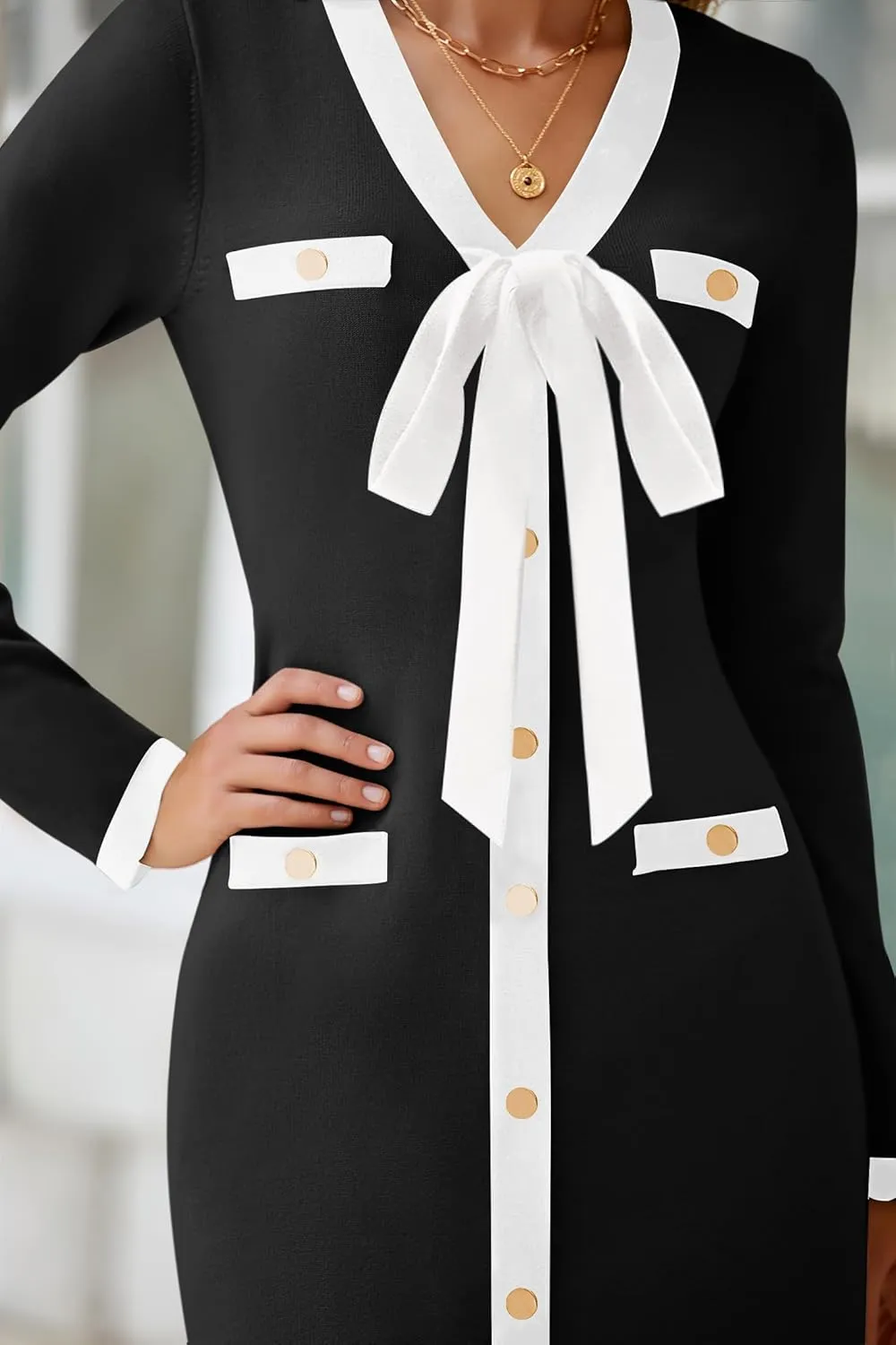HAEOF Women's 2024 Long Sleeve Mini Sweater Dress Fall Winter Trendy V Neck Elegant Bodycon Formal Party Dresses